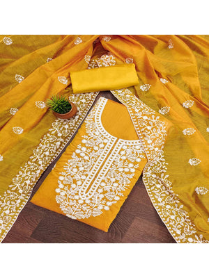 Peachmode Mustard Floral Embroidered Chanderi Cotton Dress Material - Image 1