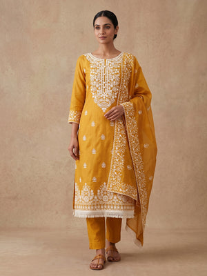 Peachmode Mustard Floral Embroidered Chanderi Cotton Dress Material - Image 2