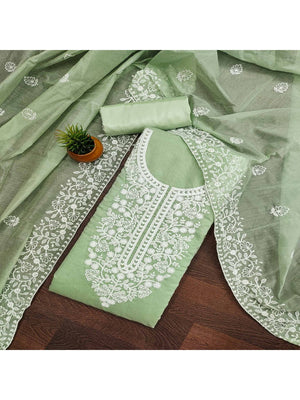 Peachmode Green Floral Embroidered Chanderi Cotton Dress Material - Image 1