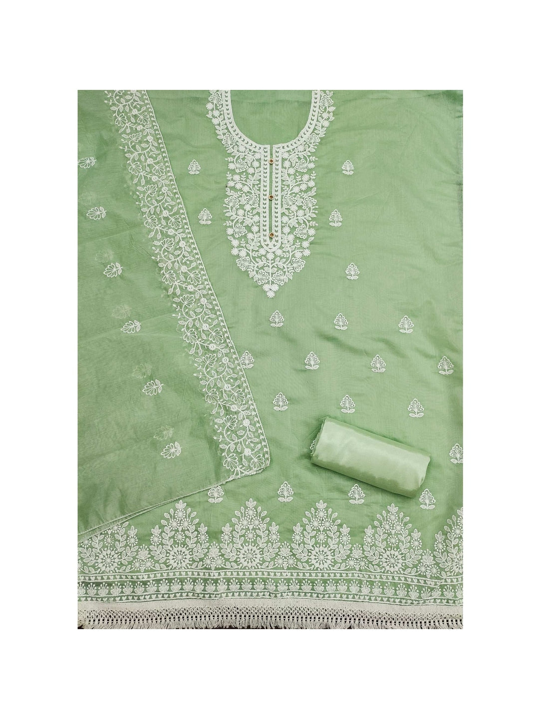 Peachmode Green Floral Embroidered Chanderi Cotton Dress Material - Image 3