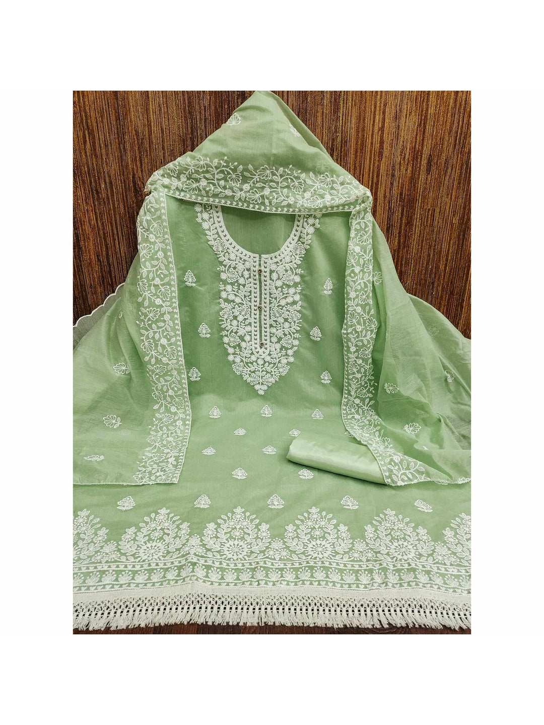 Peachmode Green Floral Embroidered Chanderi Cotton Dress Material - Image 5