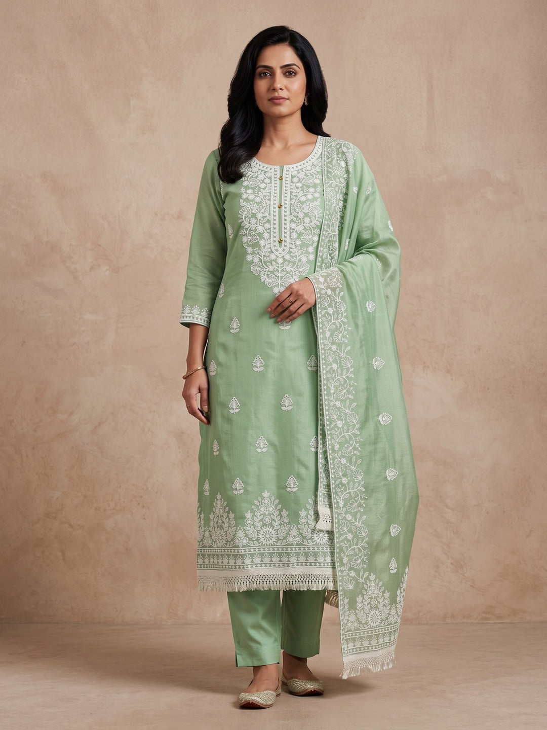 Peachmode Green Floral Embroidered Chanderi Cotton Dress Material - Image 1