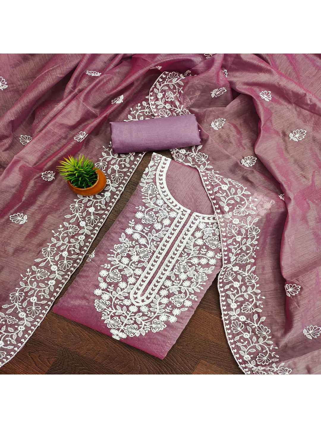 Peachmode Mauve Floral Embroidered Chanderi Cotton Dress Material - Image 2