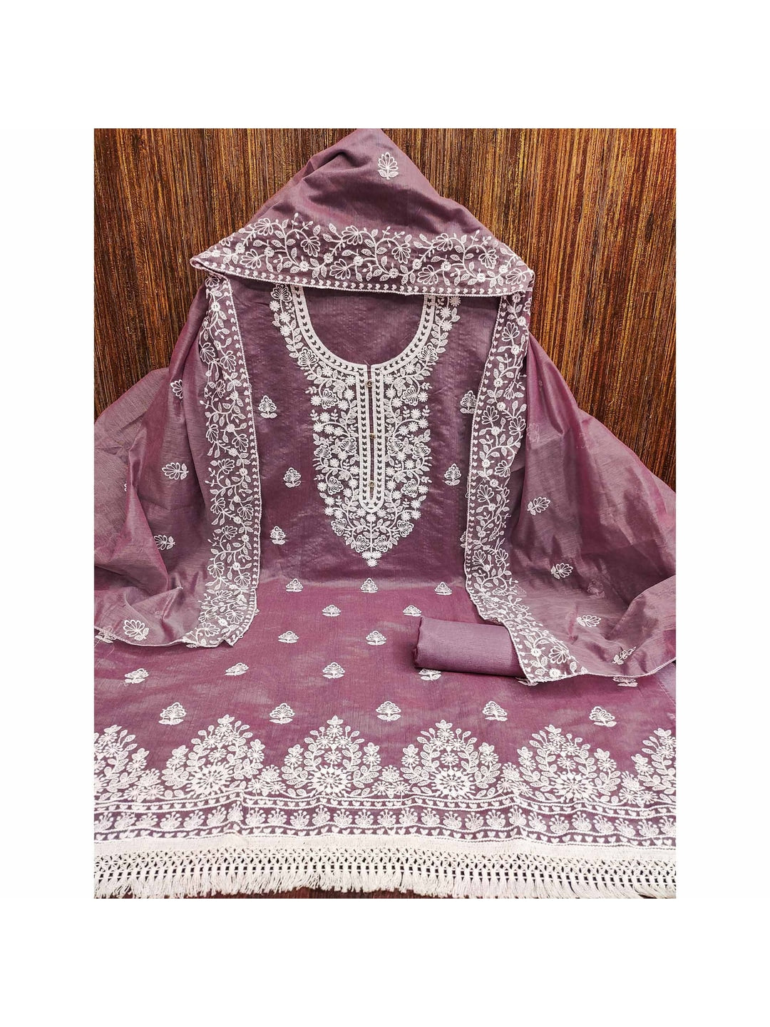 Peachmode Mauve Floral Embroidered Chanderi Cotton Dress Material - Image 3
