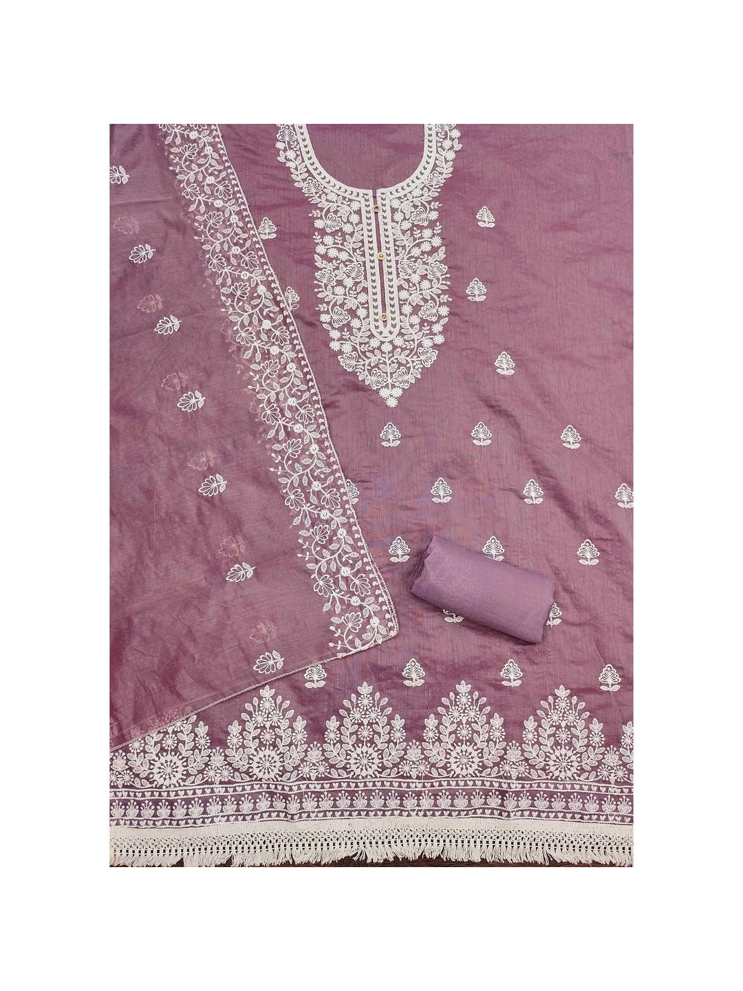 Peachmode Mauve Floral Embroidered Chanderi Cotton Dress Material - Image 5