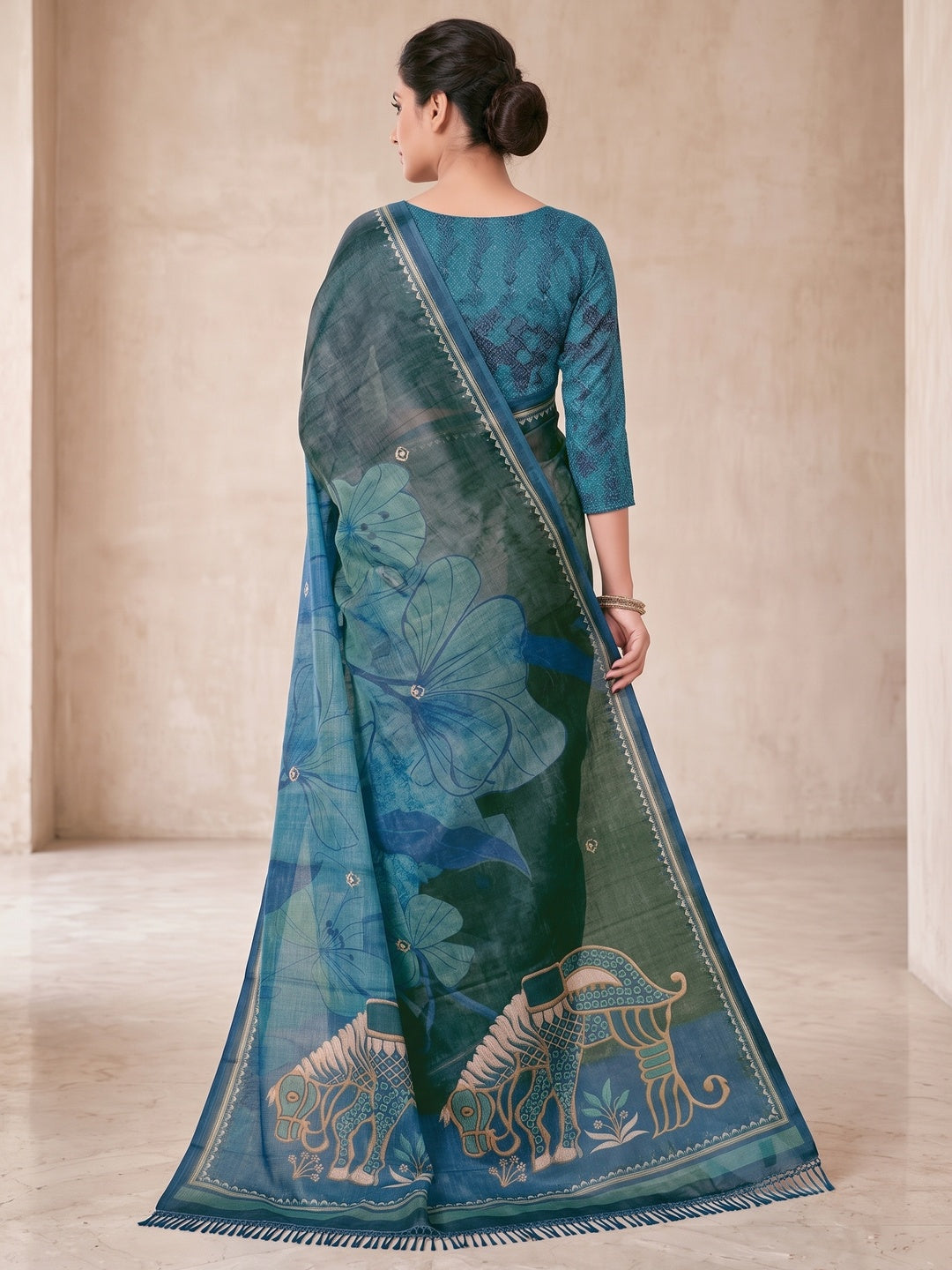 Peachmode Blue Digital Printed Tissue Cotton Saree - Image 3
