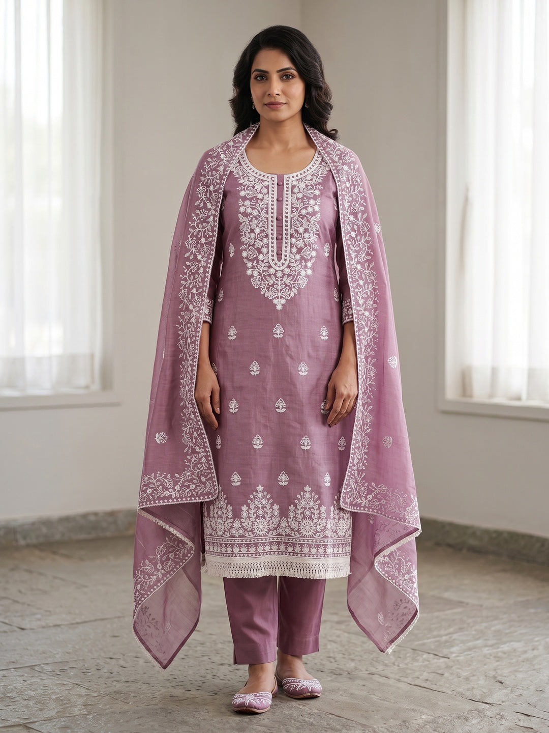 Peachmode Mauve Floral Embroidered Chanderi Cotton Dress Material - Image 2