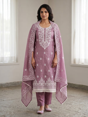 Peachmode Mauve Floral Embroidered Chanderi Cotton Dress Material - Image 1