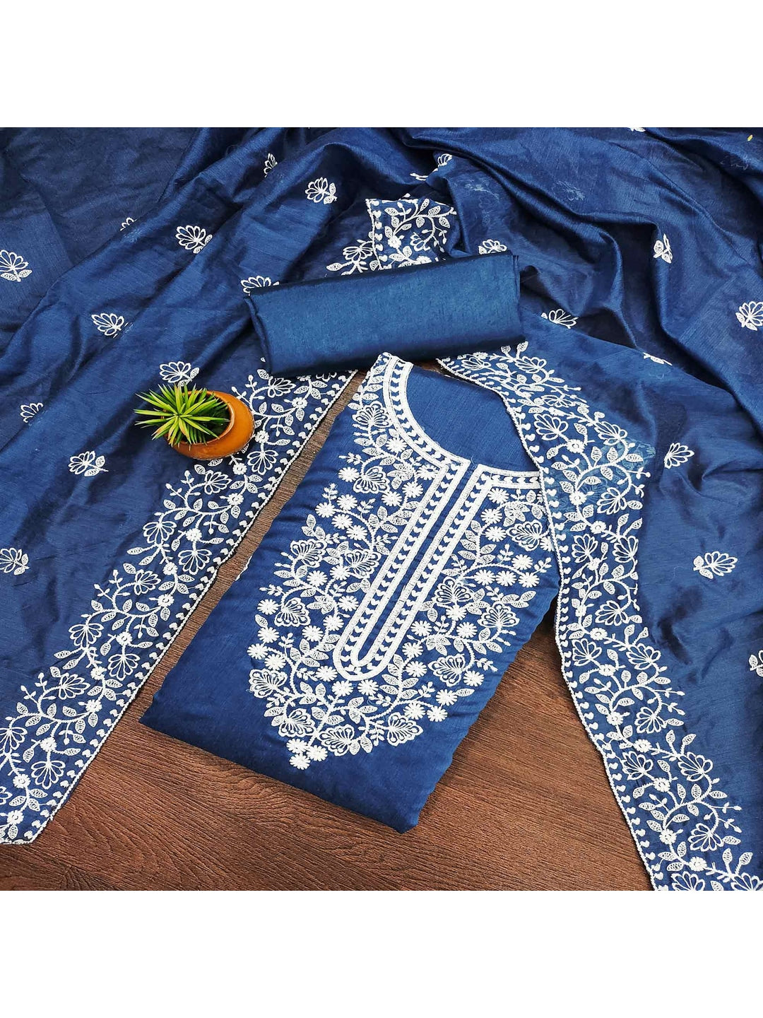 Peachmode Blue Floral Embroidered Chanderi Cotton Dress Material - Image 1