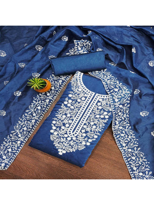 Peachmode Blue Floral Embroidered Chanderi Cotton Dress Material - Image 2