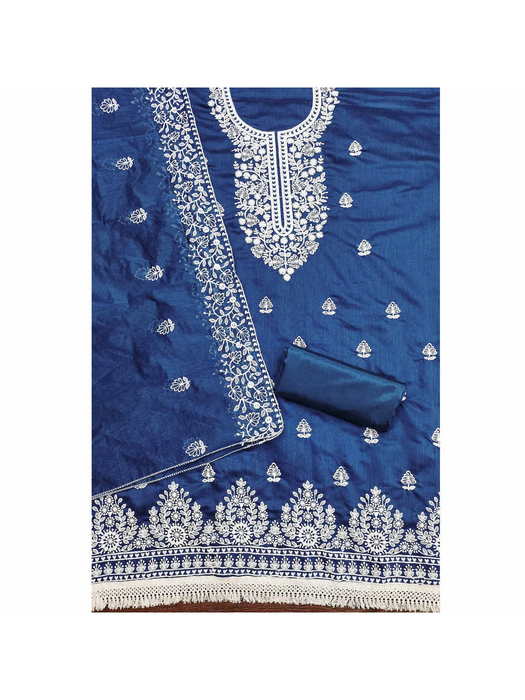 Peachmode Blue Floral Embroidered Chanderi Cotton Dress Material - Image 3