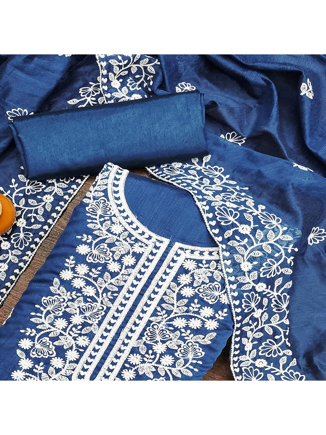 Peachmode Blue Floral Embroidered Chanderi Cotton Dress Material - Image 4