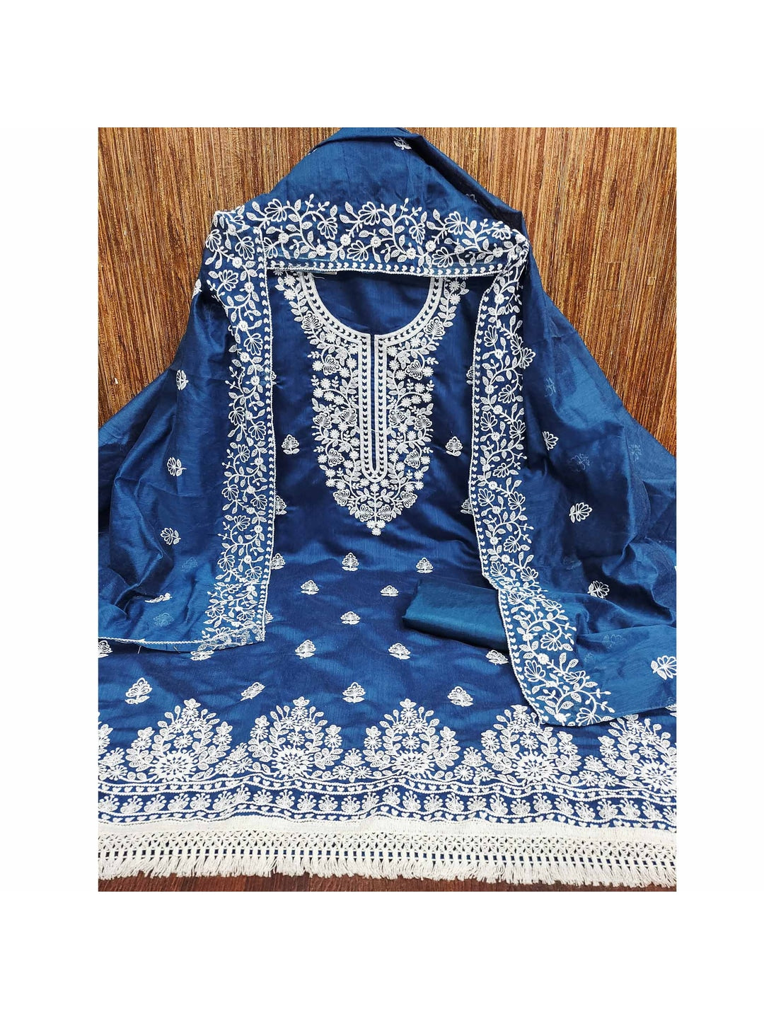 Peachmode Blue Floral Embroidered Chanderi Cotton Dress Material - Image 5