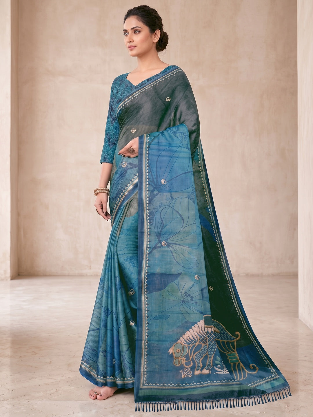 Peachmode Blue Digital Printed Tissue Cotton Saree - Image 4