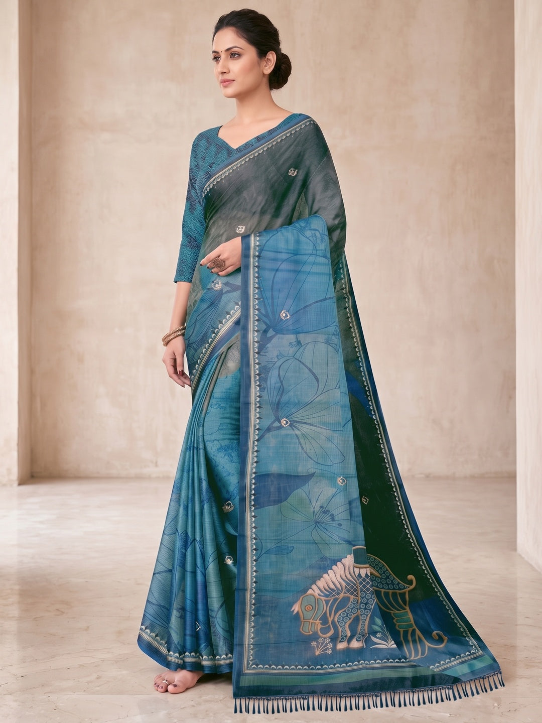 Peachmode Blue Digital Printed Tissue Cotton Saree - Image 5