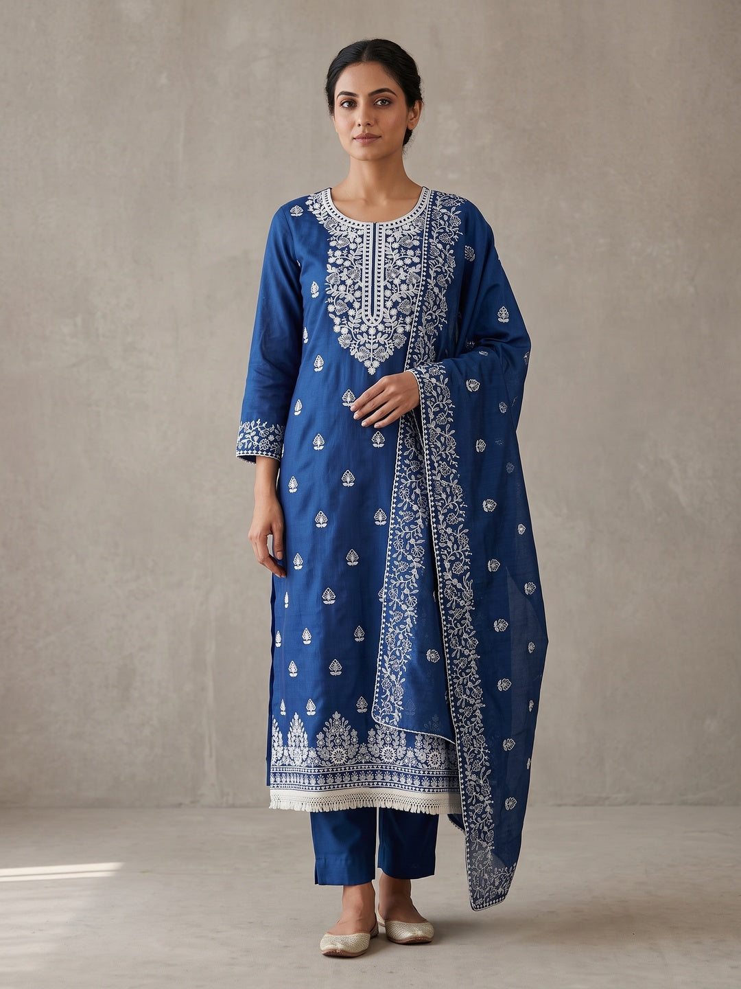 Peachmode Blue Floral Embroidered Chanderi Cotton Dress Material - Image 2