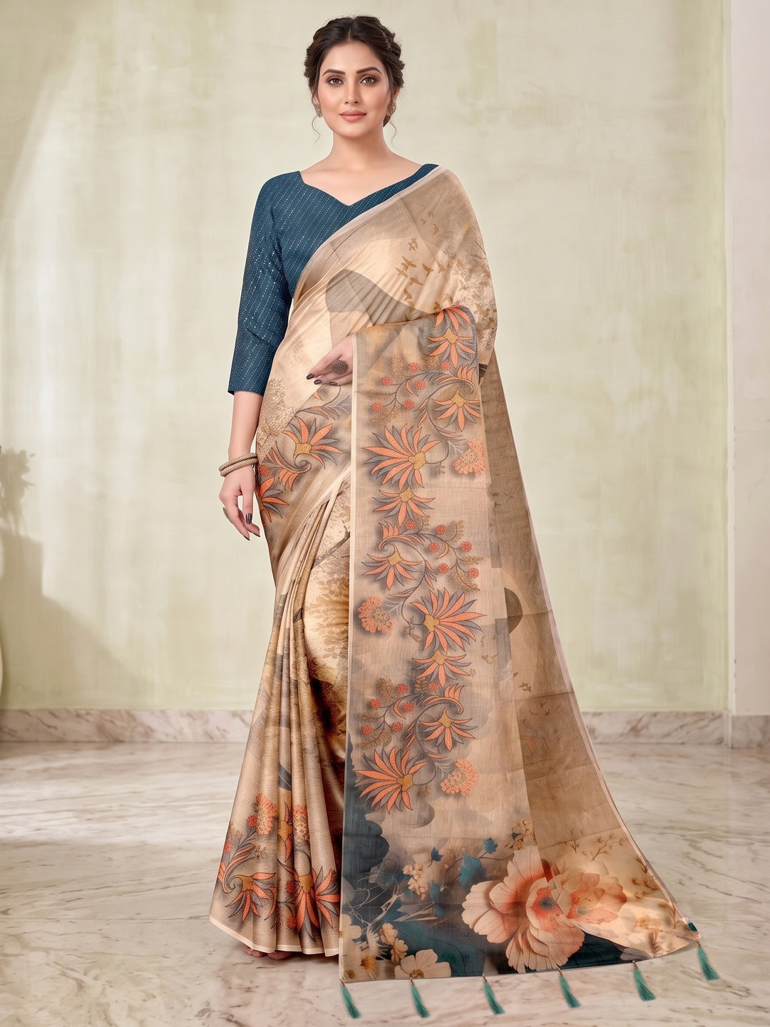 Peachmode Beige Digital Printed Tissue Cotton Saree - Image 2