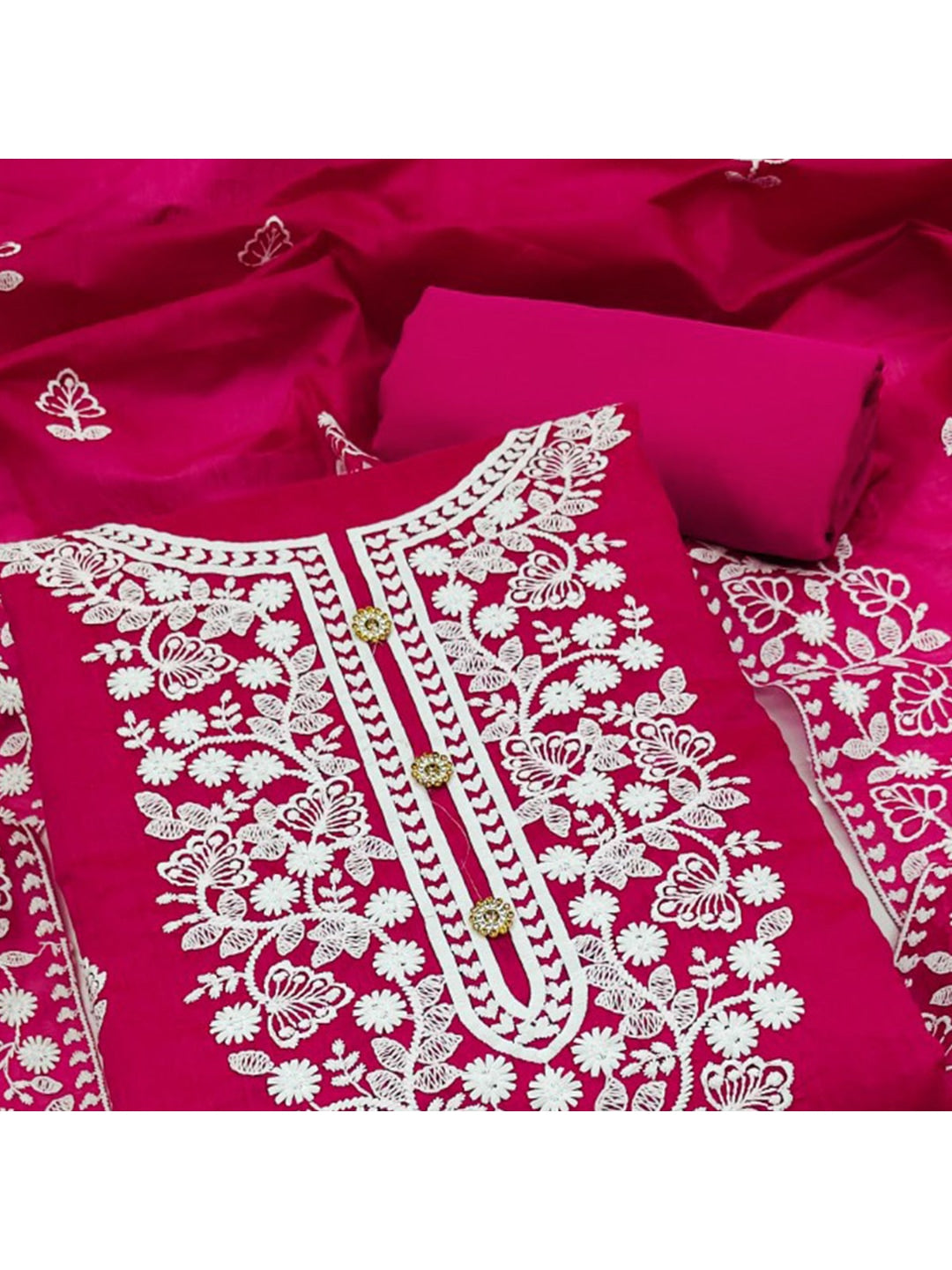 Peachmode Dark Pink Floral Embroidered Chanderi Cotton Dress Material - Image 3