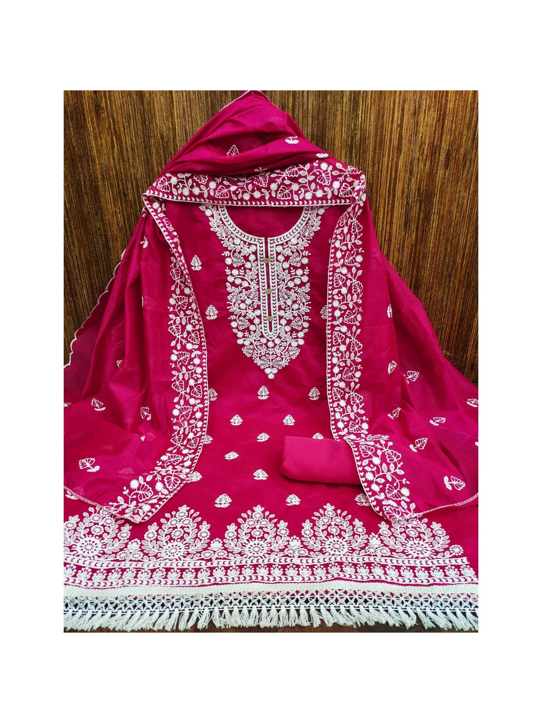 Peachmode Dark Pink Floral Embroidered Chanderi Cotton Dress Material - Image 4