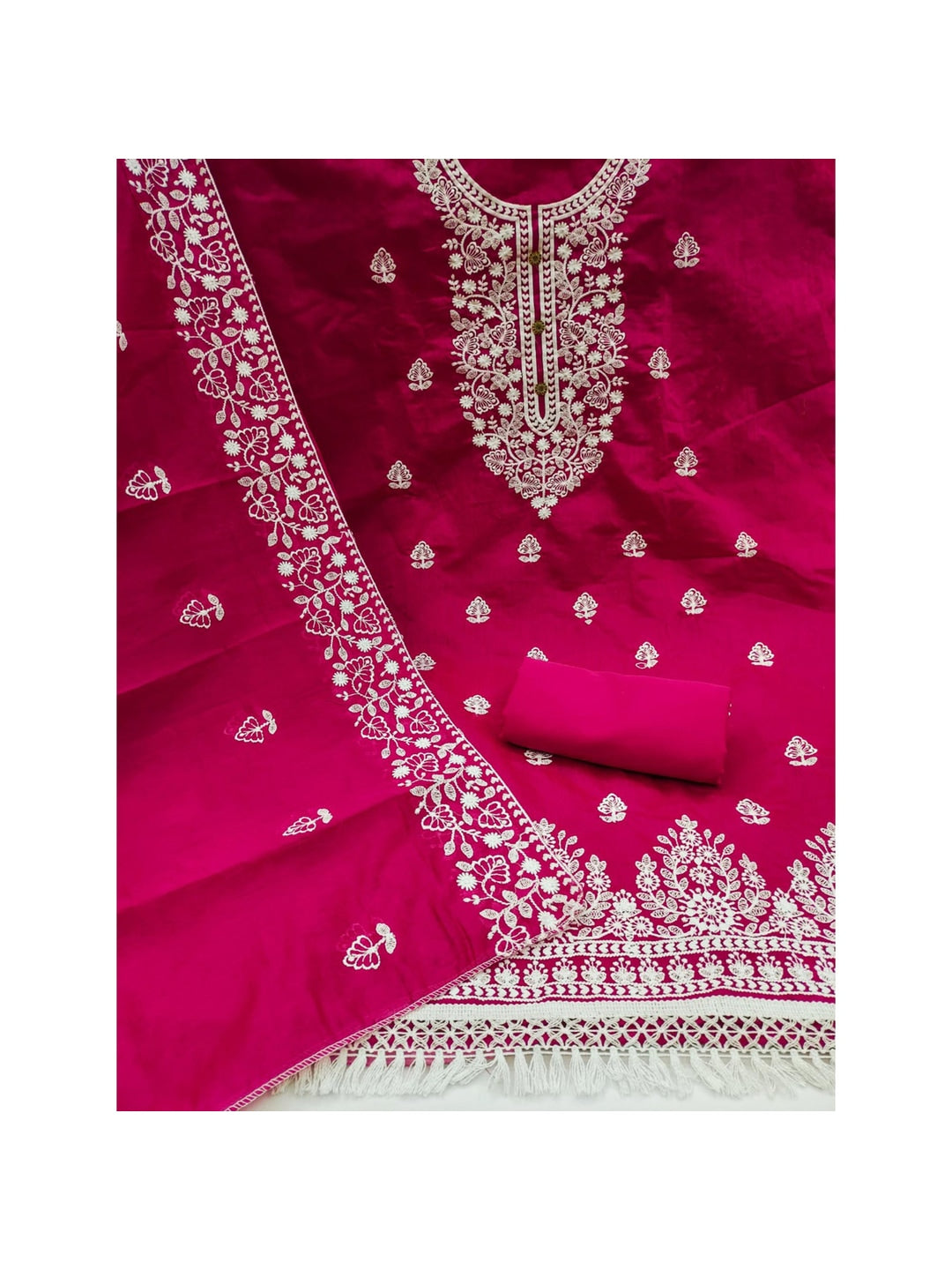 Peachmode Dark Pink Floral Embroidered Chanderi Cotton Dress Material - Image 5