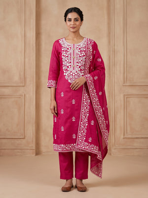 Peachmode Dark Pink Floral Embroidered Chanderi Cotton Dress Material - Image 1