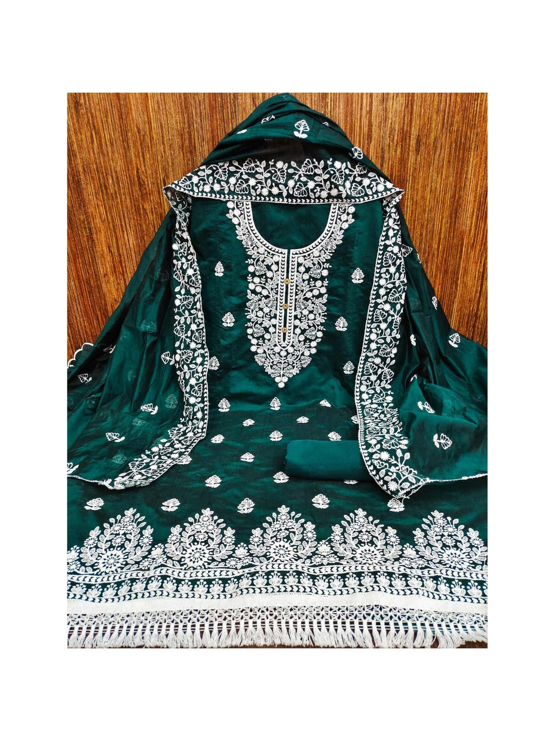 Peachmode Dark Green Floral Embroidered Chanderi Cotton Dress Material - Image 3