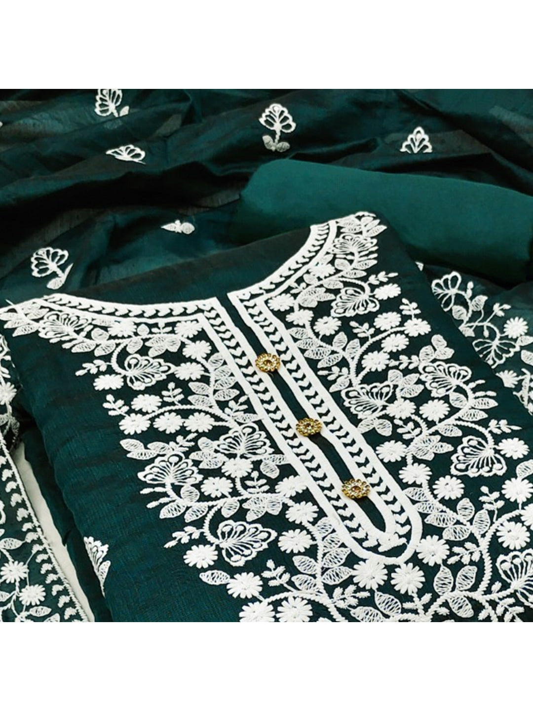 Peachmode Dark Green Floral Embroidered Chanderi Cotton Dress Material - Image 4