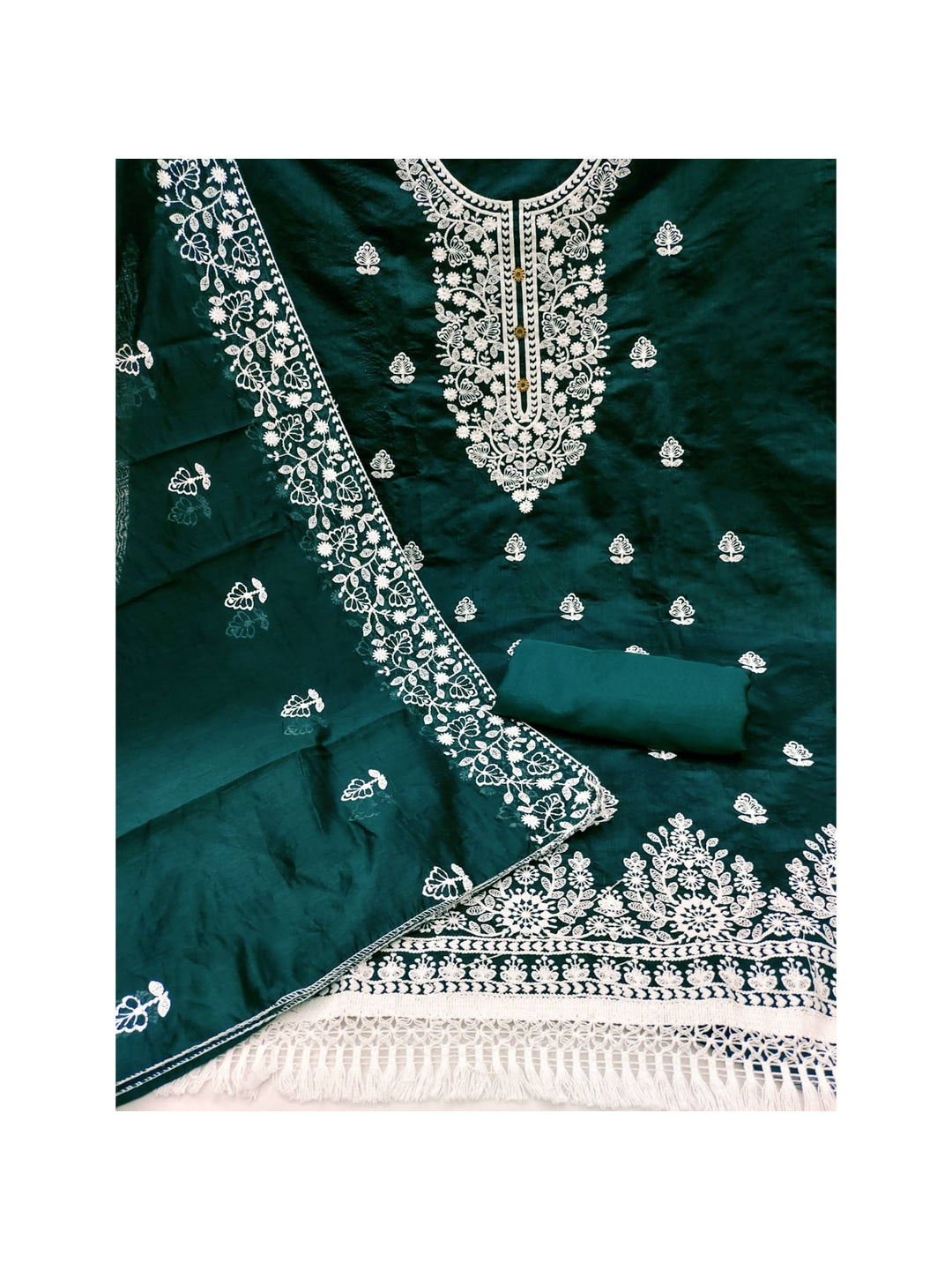 Peachmode Dark Green Floral Embroidered Chanderi Cotton Dress Material - Image 5