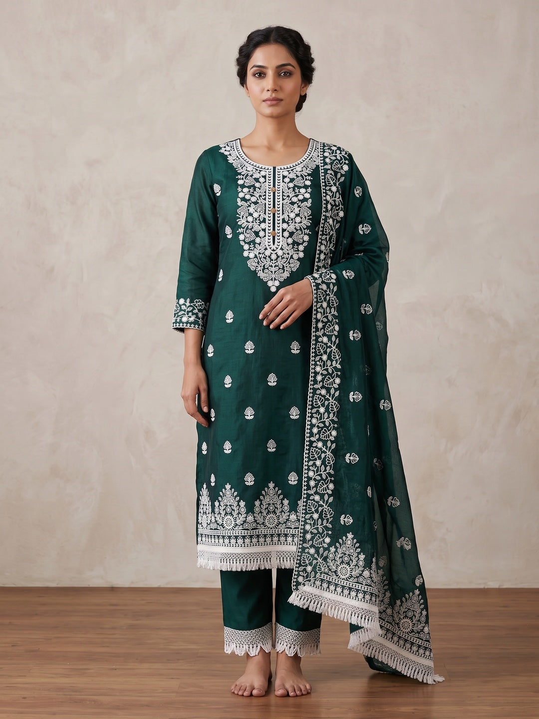 Peachmode Dark Green Floral Embroidered Chanderi Cotton Dress Material - Image 2