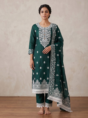 Peachmode Dark Green Floral Embroidered Chanderi Cotton Dress Material - Image 1