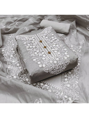 Peachmode Grey Floral Embroidered Chanderi Cotton Dress Material - Image 1