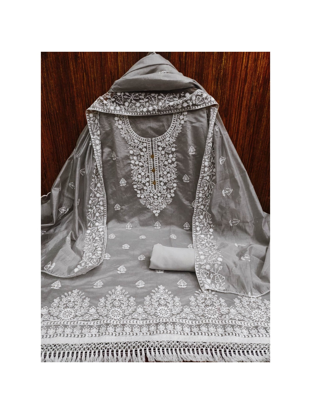 Peachmode Grey Floral Embroidered Chanderi Cotton Dress Material - Image 3