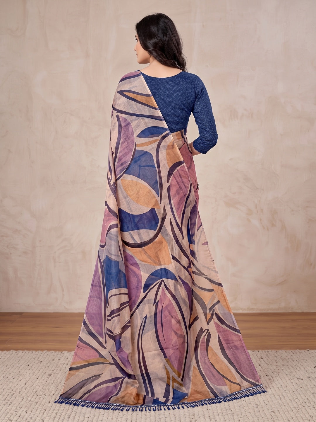 Peachmode Lavender Digital Printed Tissue Cotton Saree - Image 3