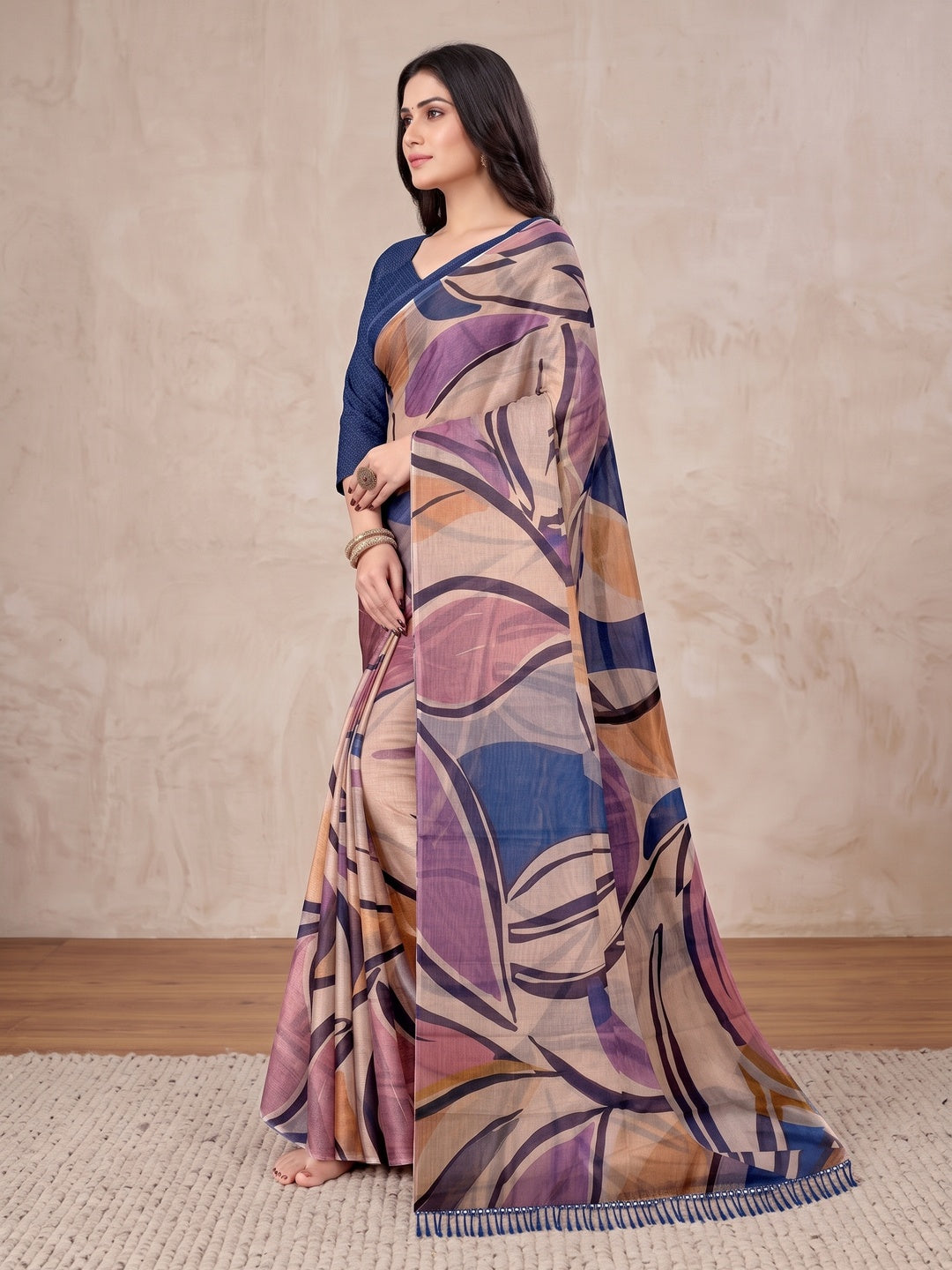 Peachmode Lavender Digital Printed Tissue Cotton Saree - Image 4