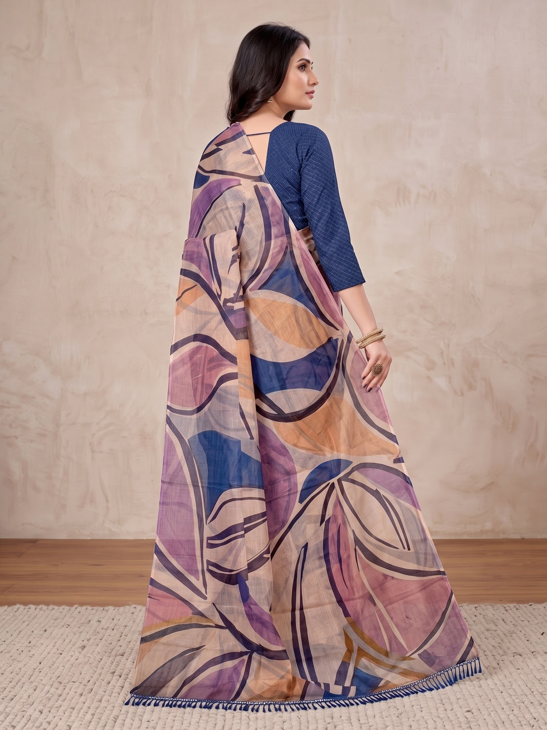Peachmode Lavender Digital Printed Tissue Cotton Saree - Image 5