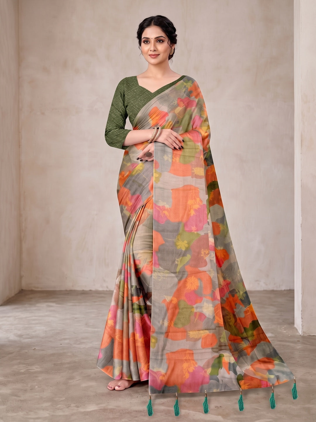Peachmode Sage Green Digital Printed Tissue Cotton Saree - Image 1