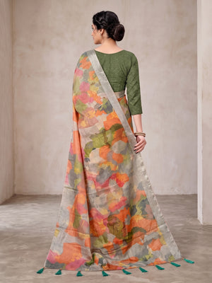 Peachmode Sage Green Digital Printed Tissue Cotton Saree - Image 2