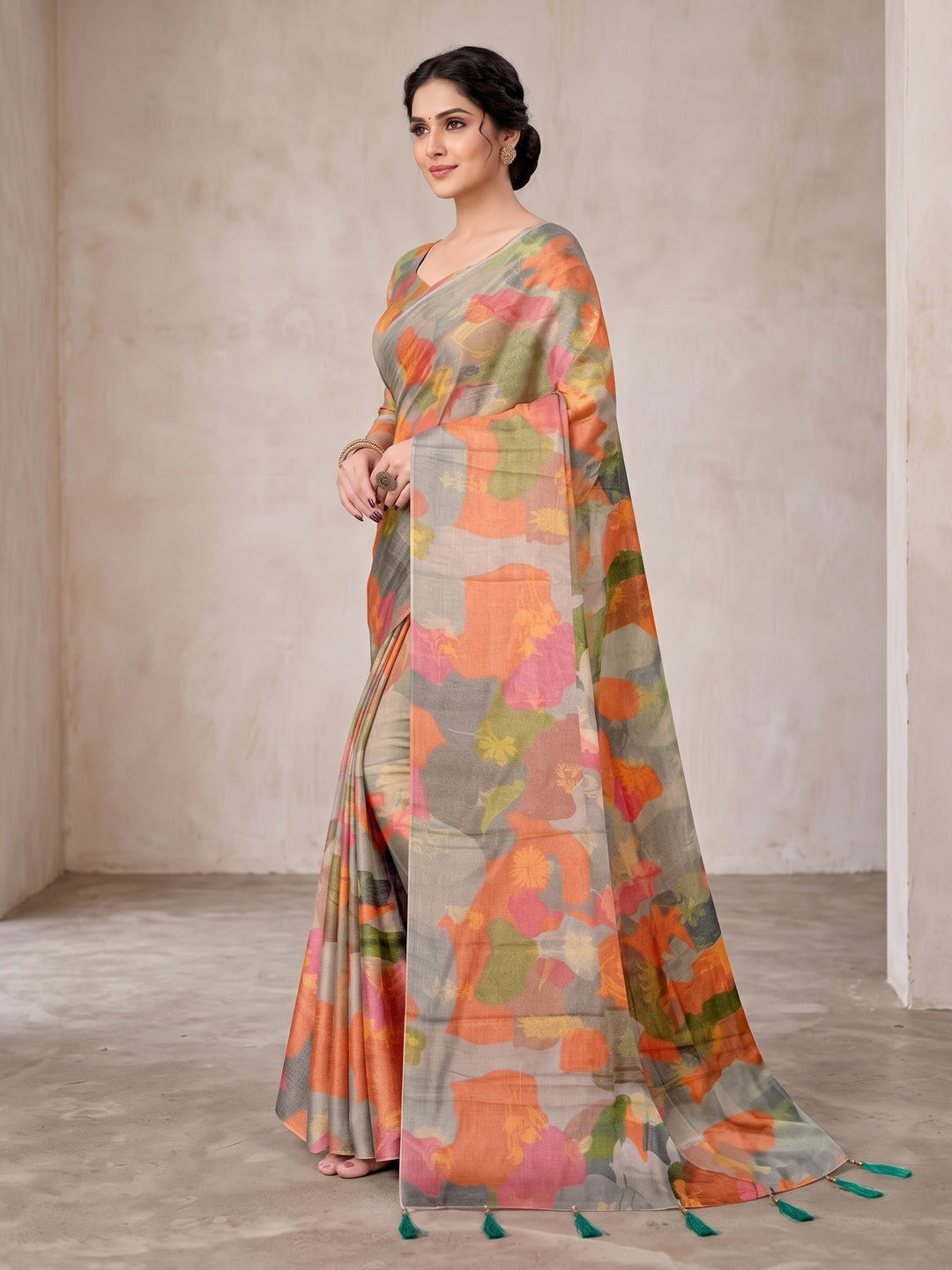 Peachmode Sage Green Digital Printed Tissue Cotton Saree - Image 5