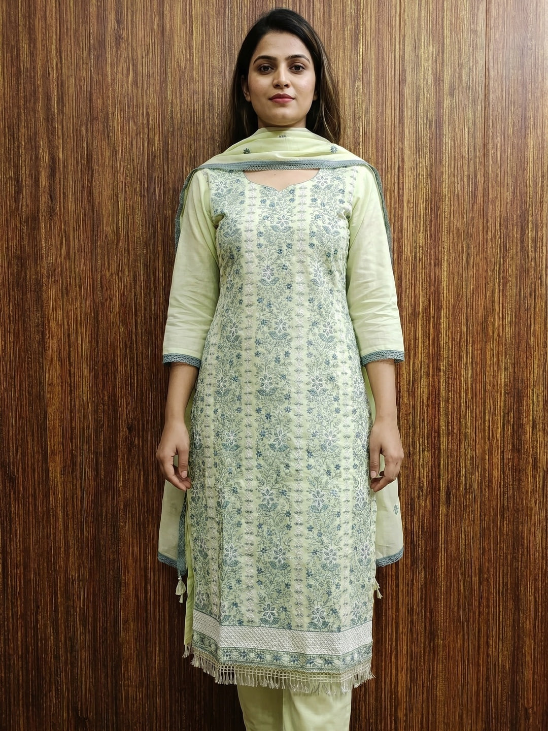 Green Floral Embroidered Pure Cotton Dress Material - Image 2