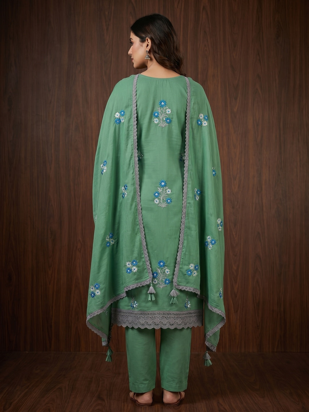 Green Floral Embroidered Pure Cotton Dress Material - Image 3