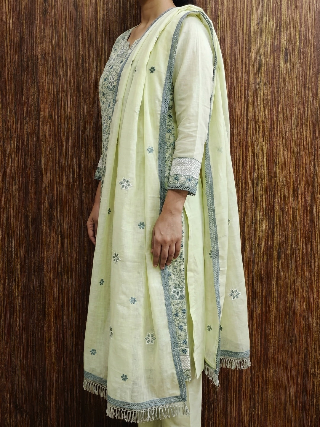 Green Floral Embroidered Pure Cotton Dress Material - Image 4