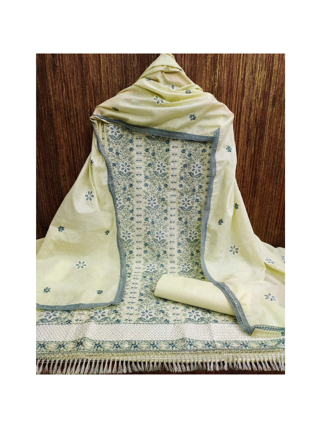 Green Floral Embroidered Pure Cotton Dress Material - Image 5