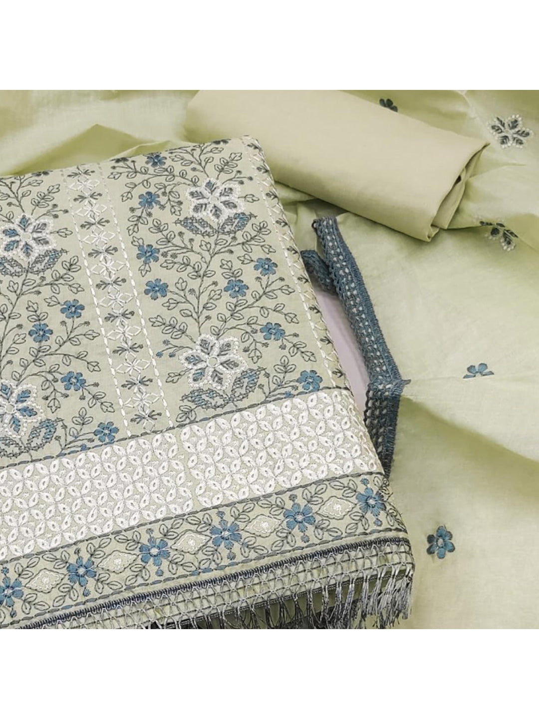Green Floral Embroidered Pure Cotton Dress Material - Image 1