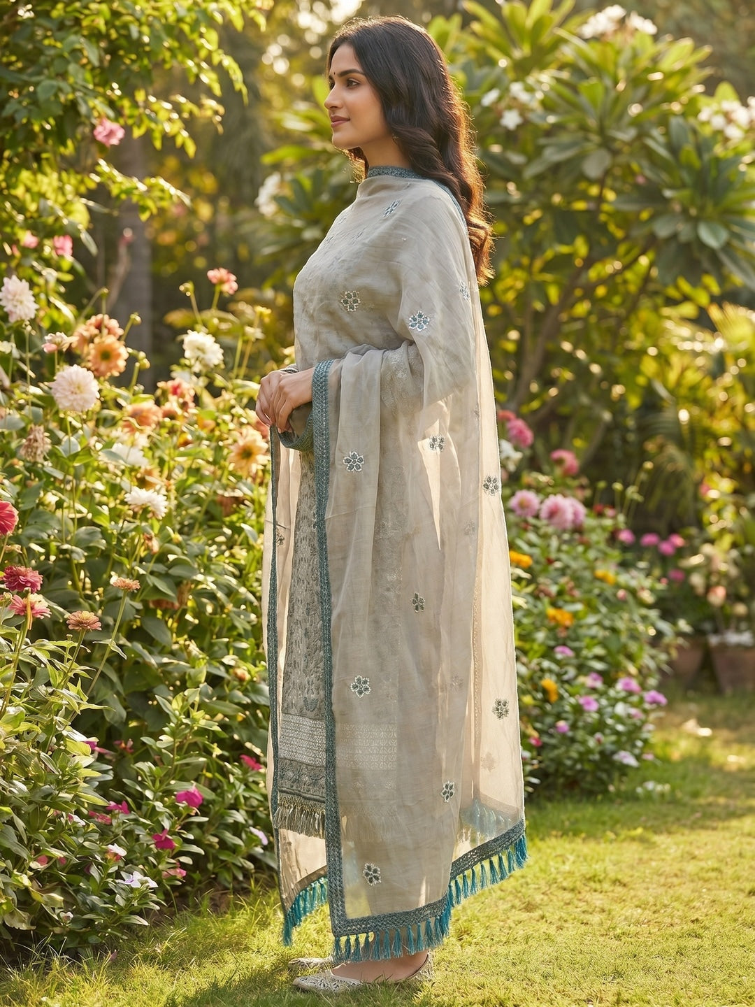Grey Floral Embroidered Pure Cotton Dress Material - Image 3