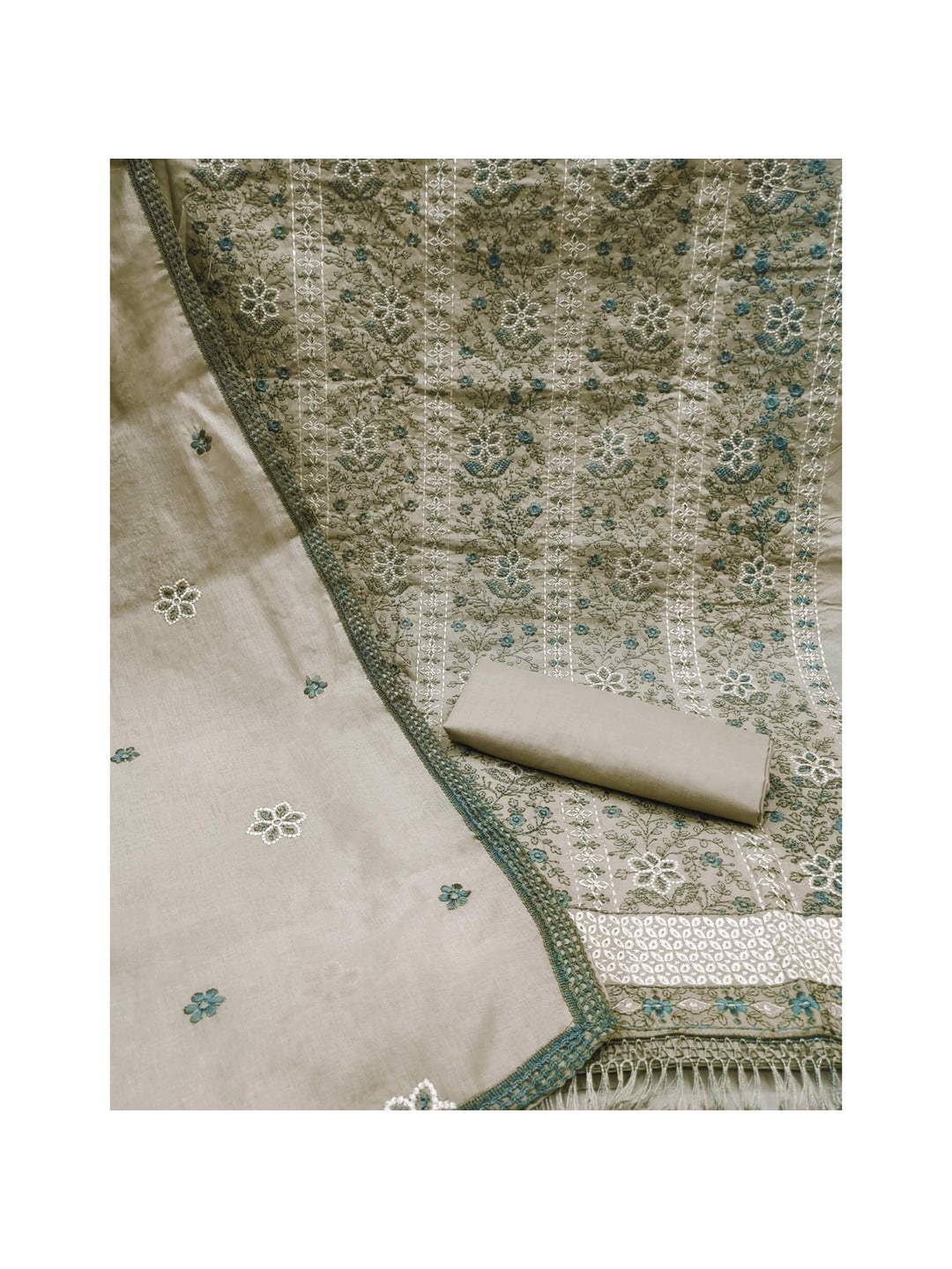Grey Floral Embroidered Pure Cotton Dress Material - Image 5