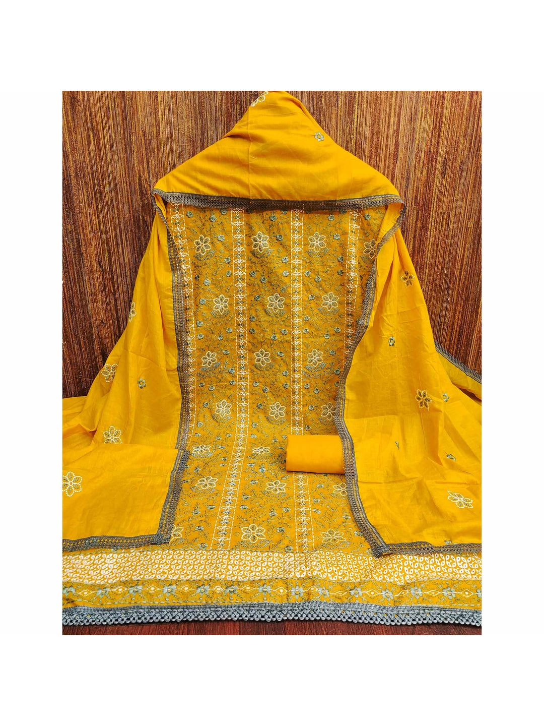 Mustard Floral Embroidered Pure Cotton Dress Material - Image 3