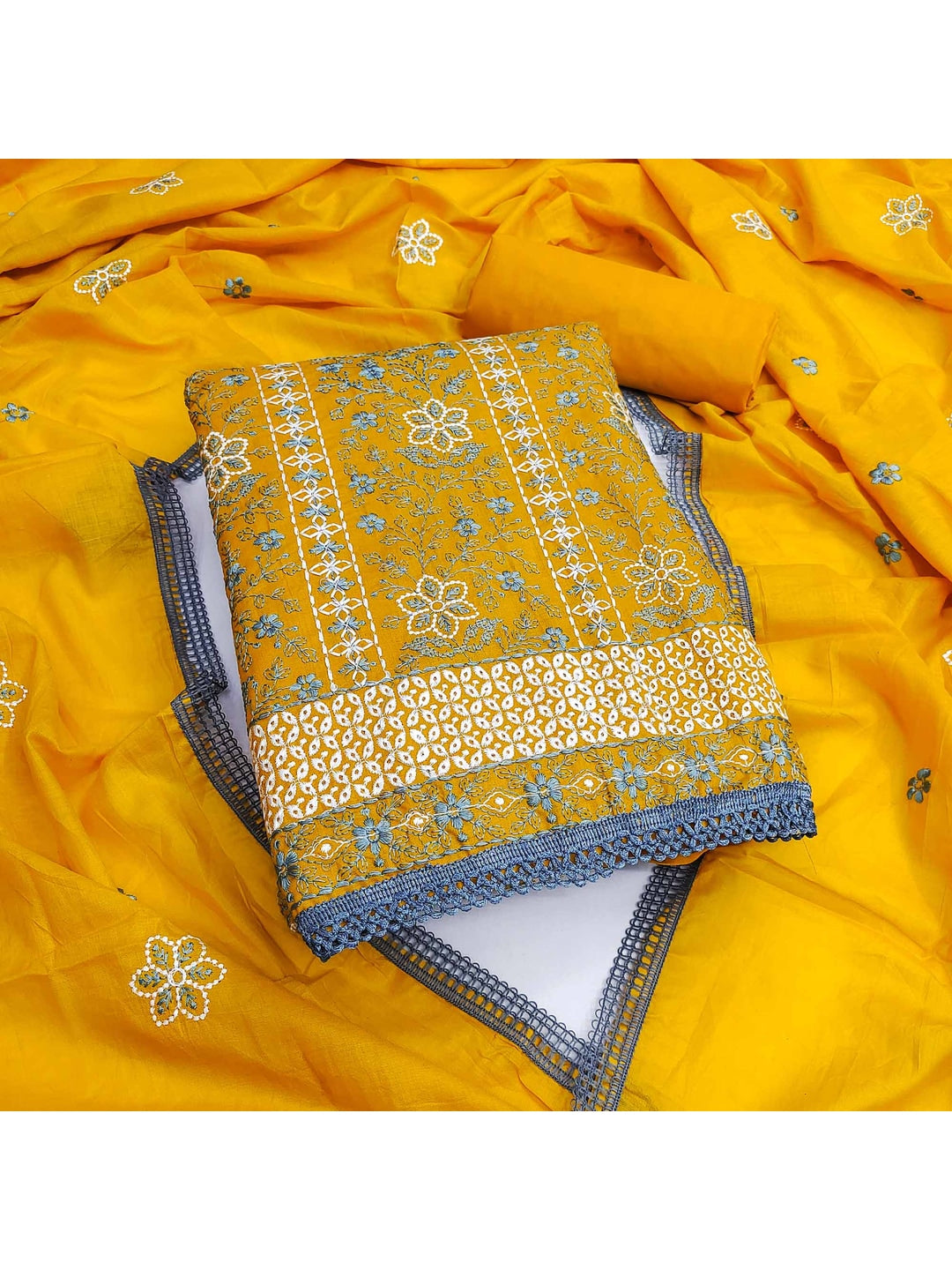 Mustard Floral Embroidered Pure Cotton Dress Material - Image 5
