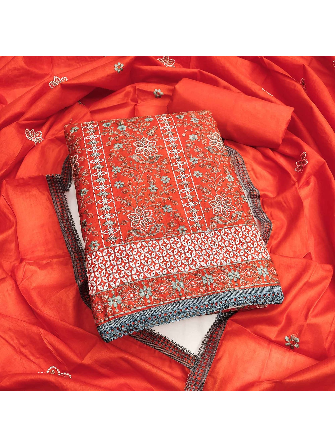 Orange Floral Embroidered Pure Cotton Dress Material - Image 3
