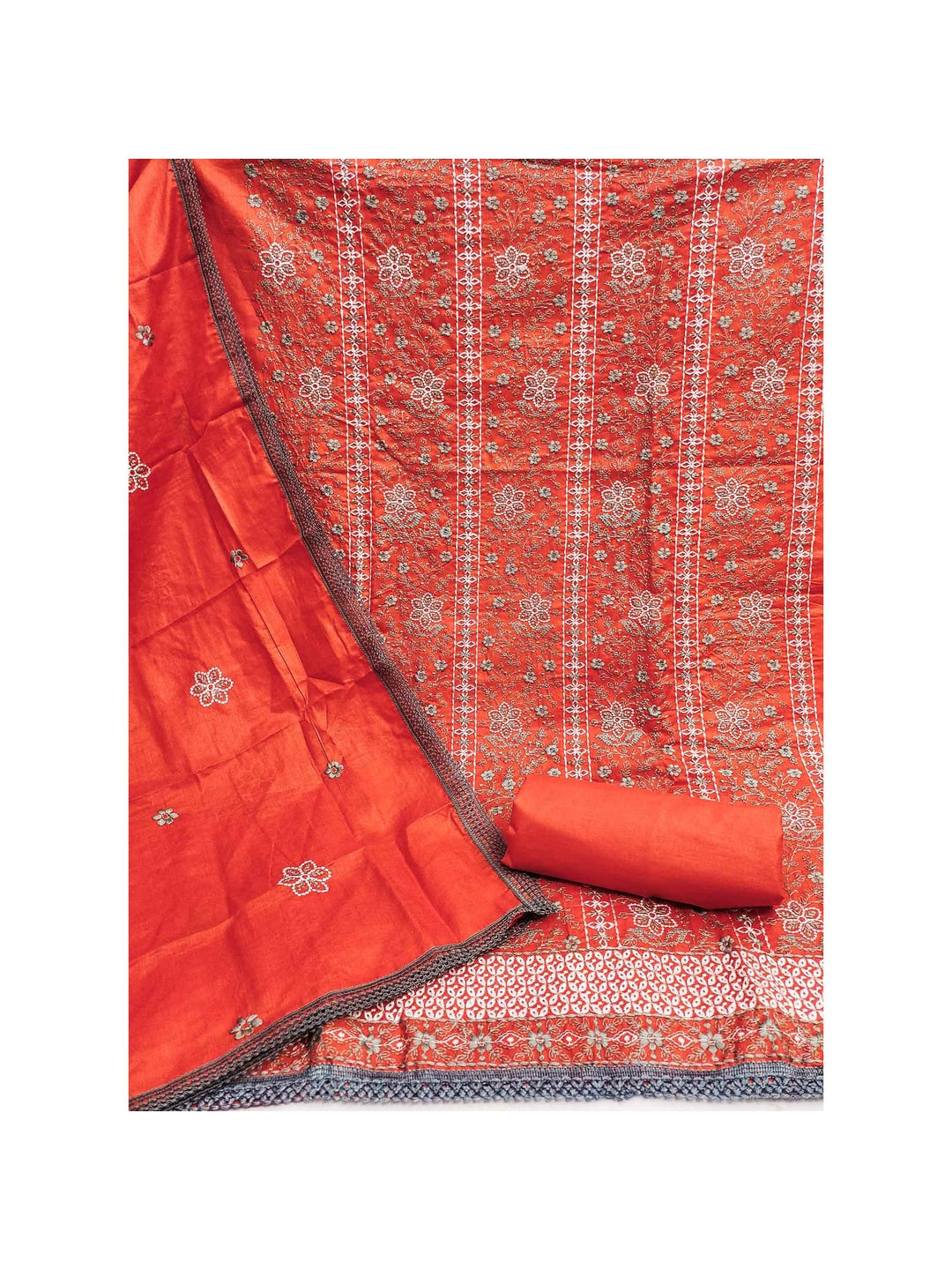 Orange Floral Embroidered Pure Cotton Dress Material - Image 4