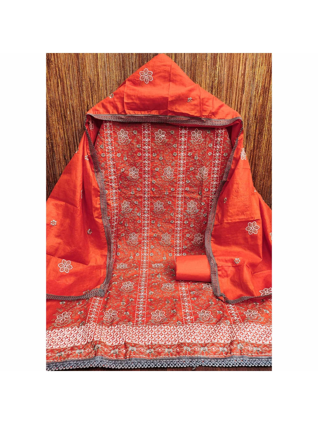 Orange Floral Embroidered Pure Cotton Dress Material - Image 5